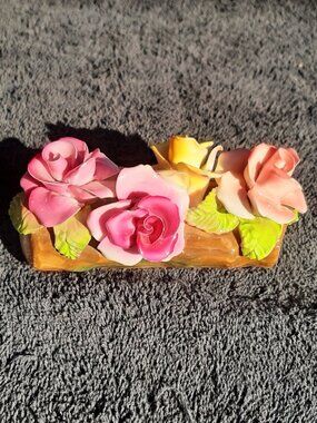 Vintage Thorley English Bone China Roses On Log Pink Yellow England